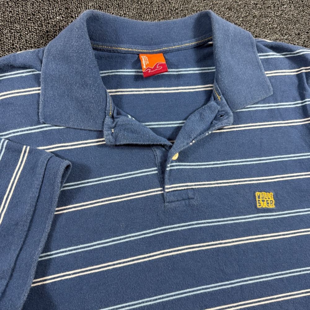 Vintage HCO Hollister Men's XXL Blue Striped Short Sleeve Polo Shirt Y2K Surf